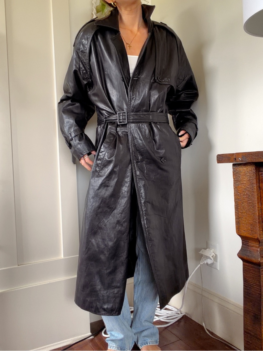 Vintage 90s black long oversized leather trench jacket